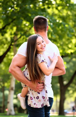 A lean muscular man holding a petite girl from behind in a warm embrace, both looking happy and content