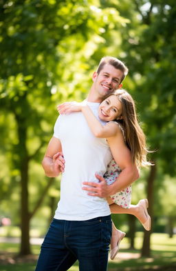 A lean muscular man holding a petite girl from behind in a warm embrace, both looking happy and content