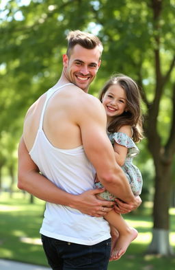 A lean muscular man holding a petite girl from behind in a warm embrace, both looking happy and content