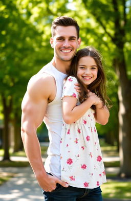 A lean muscular man holding a petite girl from behind in a warm embrace, both looking happy and content