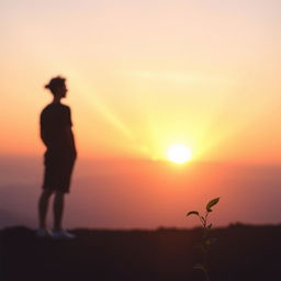 Create a calming image of a person or silhouette standing at the horizon, contemplating the sunrise, representing change and overcoming challenges