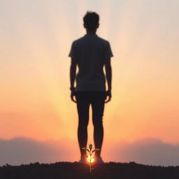 Create a calming image of a person or silhouette standing at the horizon, contemplating the sunrise, representing change and overcoming challenges