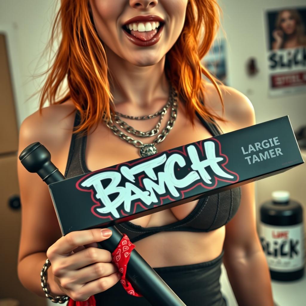 A close-up torso shot of a sexy female redhead wearing a tank top adorned with punk chains, highlighting her large chest and cleavage