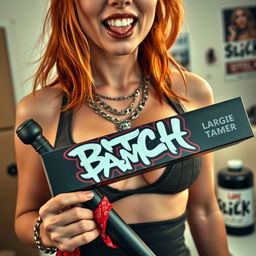 A close-up torso shot of a sexy female redhead wearing a tank top adorned with punk chains, highlighting her large chest and cleavage