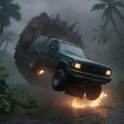 Create a dramatic scene where Dennis Nedry's Jurassic Park vehicle slams into a tree trunk in the midst of the unrelenting storm on Isla Nublar. Rediscover a sense of chaos and urgency in the dark, rain-soaked landscape.