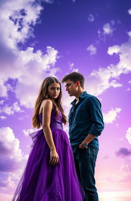 A mesmerizing scene set against a backdrop of a vibrant purple sky filled with fluffy clouds, creating an ethereal atmosphere