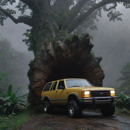 Create a dramatic scene where Dennis Nedry's Jurassic Park vehicle slams into a tree trunk in the midst of the unrelenting storm on Isla Nublar. Rediscover a sense of chaos and urgency in the dark, rain-soaked landscape.