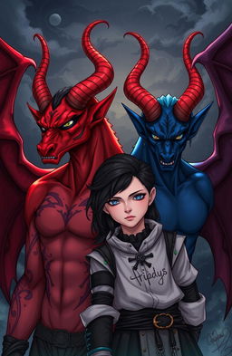 A captivating illustration of twin demons with striking features, one with fiery red skin and the other with deep blue skin, each possessing elegant, curling horns