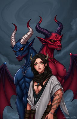 A captivating illustration of twin demons with striking features, one with fiery red skin and the other with deep blue skin, each possessing elegant, curling horns