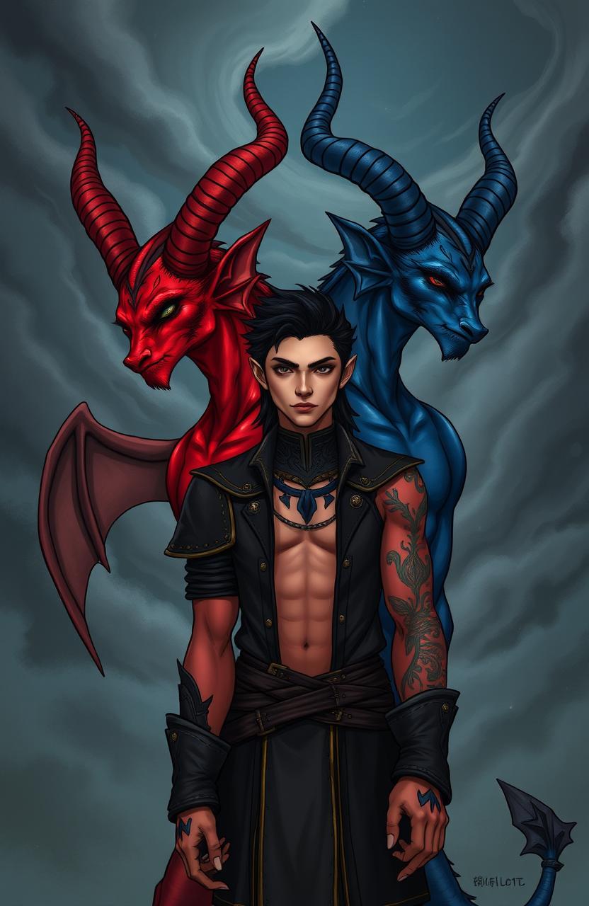 A captivating illustration of twin demons with striking features, one with fiery red skin and the other with deep blue skin, each possessing elegant, curling horns