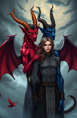 A captivating illustration of twin demons with striking features, one with fiery red skin and the other with deep blue skin, each possessing elegant, curling horns