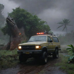 Create a dramatic scene where Dennis Nedry's Jurassic Park vehicle slams into a tree trunk in the midst of the unrelenting storm on Isla Nublar. Rediscover a sense of chaos and urgency in the dark, rain-soaked landscape.