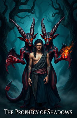 A striking scene depicting twin demons, both with unique, distinctive features such as swirling black and red skin, sharp claws, and glowing, intense eyes, standing protectively over their human mate