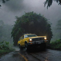 Create a dramatic scene where Dennis Nedry's Jurassic Park vehicle slams into a tree trunk in the midst of the unrelenting storm on Isla Nublar. Rediscover a sense of chaos and urgency in the dark, rain-soaked landscape.