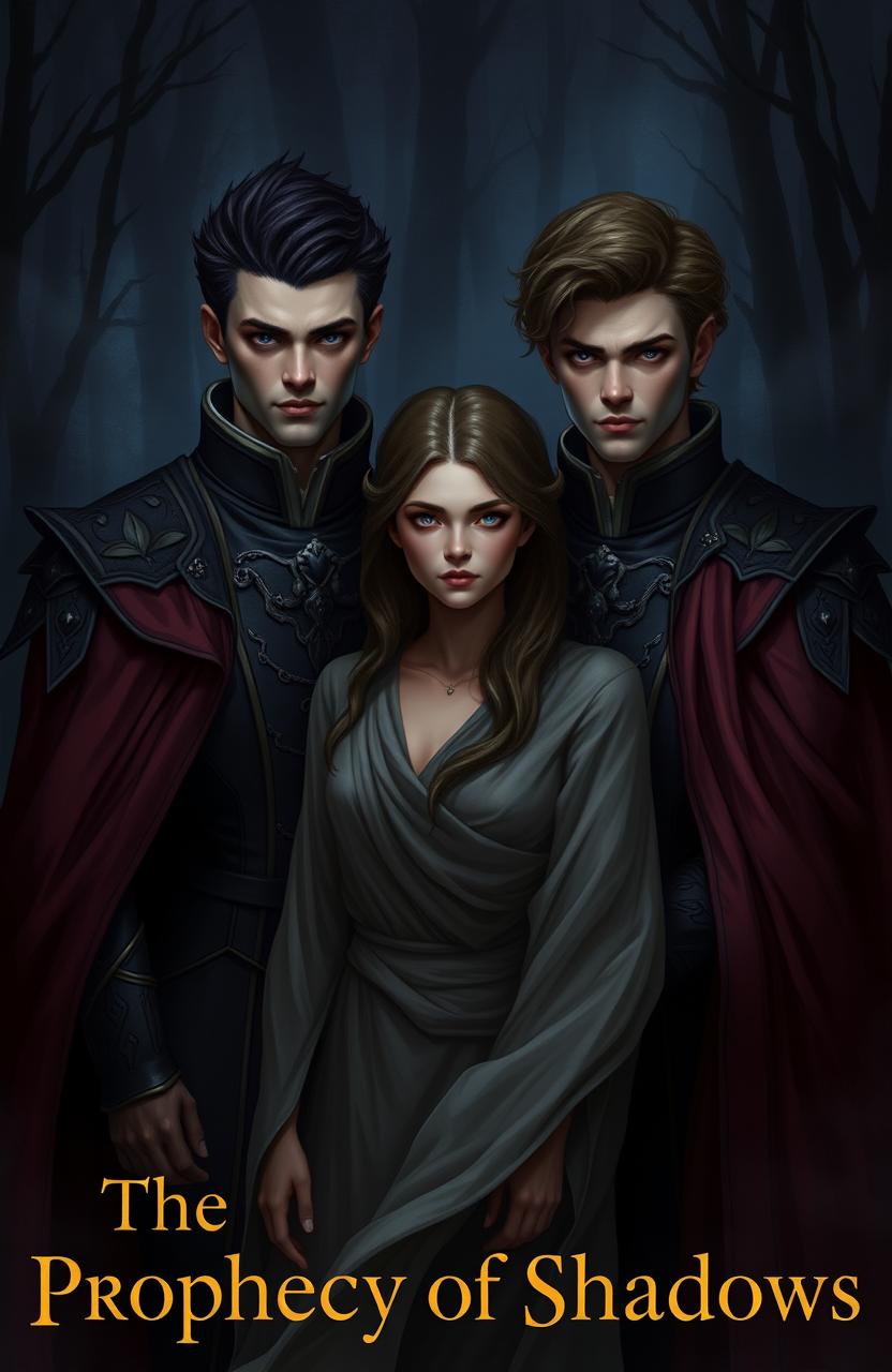 A captivating scene depicting two attractive twin lords, both with striking features and regal attire, standing protectively around their human mate