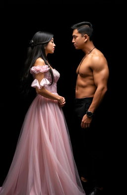 A striking image of an Asian woman with long black hair, elegantly dressed in a light pink princess gown, gazing at a muscular Asian man