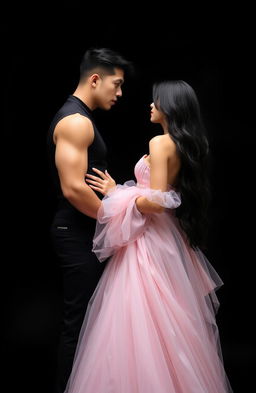 A striking image of an Asian woman with long black hair, elegantly dressed in a light pink princess gown, gazing at a muscular Asian man