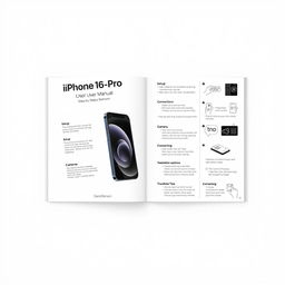 A step-by-step user manual for the iPhone 16 Pro designed by David Benson, featuring detailed illustrations and text, showcasing the sleek design of the iPhone 16 Pro with an emphasis on its innovative features such as the advanced camera system, high-resolution display, and user-friendly interface