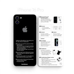 A step-by-step user manual for the iPhone 16 Pro designed by David Benson, featuring detailed illustrations and text, showcasing the sleek design of the iPhone 16 Pro with an emphasis on its innovative features such as the advanced camera system, high-resolution display, and user-friendly interface