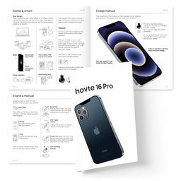 A step-by-step user manual for the iPhone 16 Pro designed by David Benson, featuring detailed illustrations and text, showcasing the sleek design of the iPhone 16 Pro with an emphasis on its innovative features such as the advanced camera system, high-resolution display, and user-friendly interface