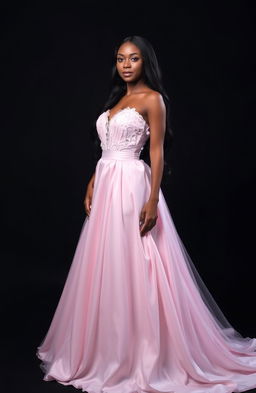 A beautiful brown woman with long black hair, elegantly wearing a light pink princess gown, standing in a graceful pose against a striking black background