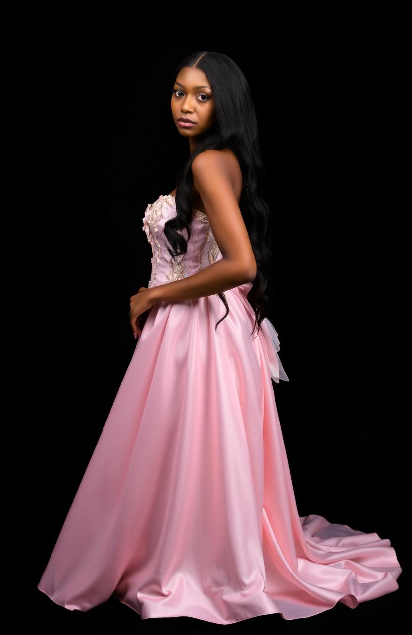 A beautiful brown woman with long black hair, elegantly wearing a light pink princess gown, standing in a graceful pose against a striking black background