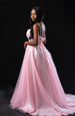 A beautiful brown woman with long black hair, elegantly wearing a light pink princess gown, standing in a graceful pose against a striking black background