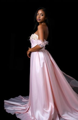 A beautiful brown woman with long black hair, elegantly wearing a light pink princess gown, standing in a graceful pose against a striking black background