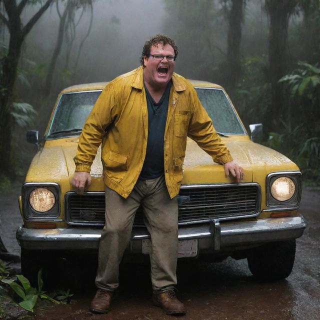 Elevate the tension by illustrating an agitated Dennis Nedry, stepping out of his crashed vehicle. His yellow jacket stands out against the stormy night, his expression filled with frustration in the rain-drenched jungle of Isla Nublar.