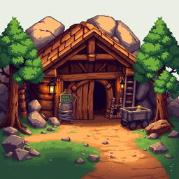 A vibrant pixel art illustration of a detailed mine building for a video game