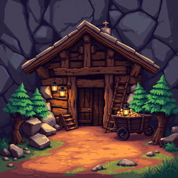 A vibrant pixel art illustration of a detailed mine building for a video game