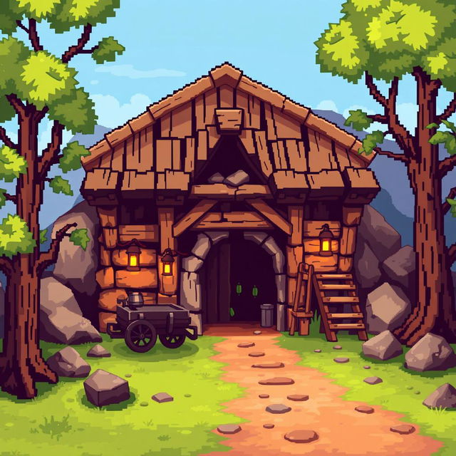 A vibrant pixel art illustration of a detailed mine building for a video game