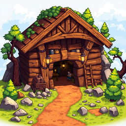 A vibrant pixel art illustration of a detailed mine building for a video game