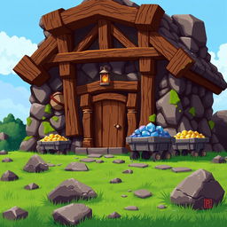 A detailed pixel art representation of a mine building for a video game, featuring rustic wooden beams, a sturdy entrance with a wooden door, and a small lantern hanging from the roof