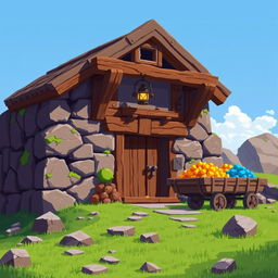 A detailed pixel art representation of a mine building for a video game, featuring rustic wooden beams, a sturdy entrance with a wooden door, and a small lantern hanging from the roof