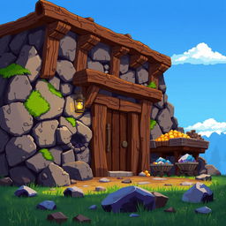 A detailed pixel art representation of a mine building for a video game, featuring rustic wooden beams, a sturdy entrance with a wooden door, and a small lantern hanging from the roof