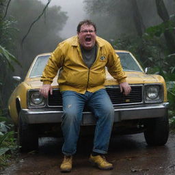 Elevate the tension by illustrating an agitated Dennis Nedry, stepping out of his crashed vehicle. His yellow jacket stands out against the stormy night, his expression filled with frustration in the rain-drenched jungle of Isla Nublar.