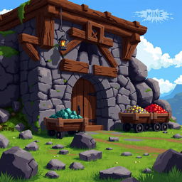 A detailed pixel art representation of a mine building for a video game, featuring rustic wooden beams, a sturdy entrance with a wooden door, and a small lantern hanging from the roof