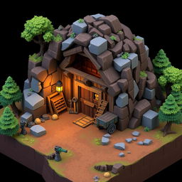 A detailed pixel art model of a mine, showcasing an intricate structure with various features