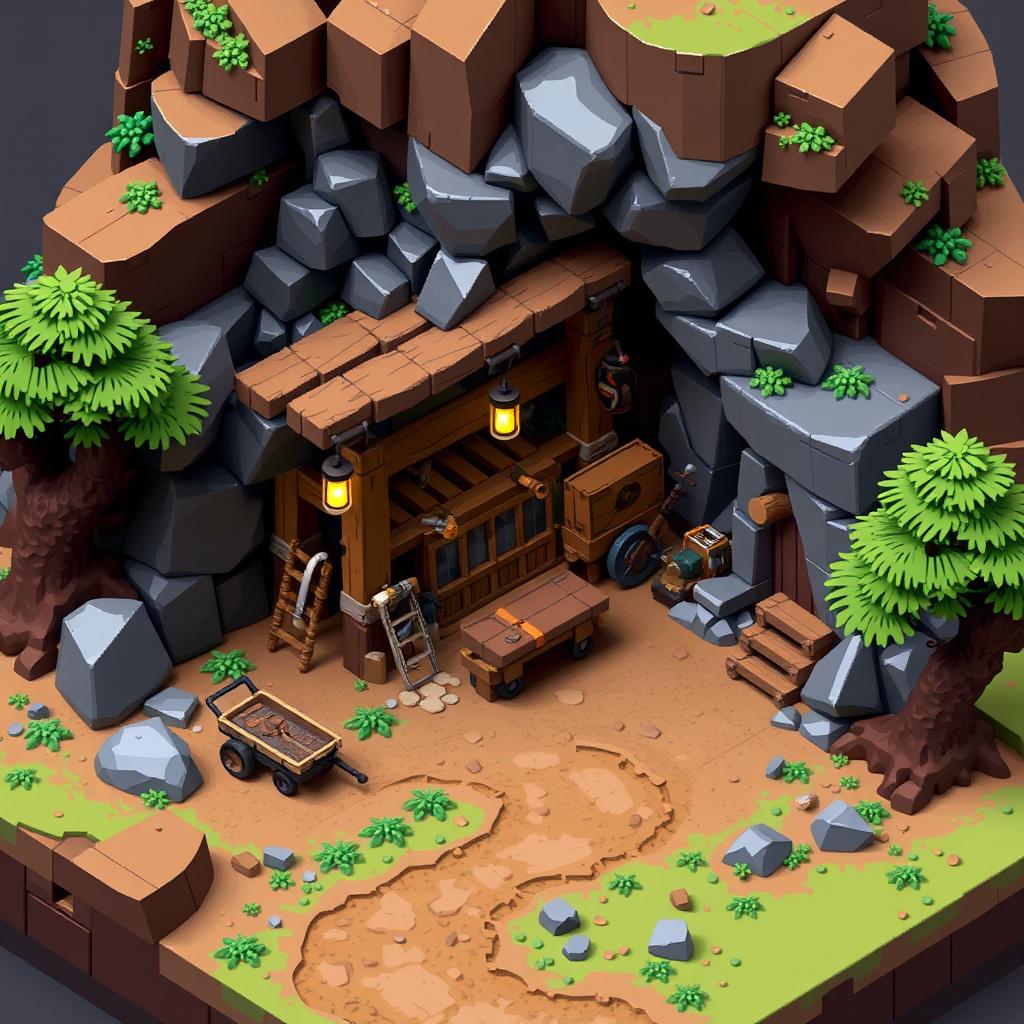 A detailed pixel art model of a mine, showcasing an intricate structure with various features