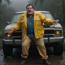 Elevate the tension by illustrating an agitated Dennis Nedry, stepping out of his crashed vehicle. His yellow jacket stands out against the stormy night, his expression filled with frustration in the rain-drenched jungle of Isla Nublar.