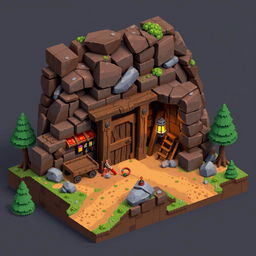 A detailed pixel art model of a mine, showcasing an intricate structure with various features