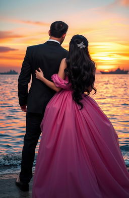 A stunning scene depicting a mafia man standing on the seaside, holding his elegant princess from behind