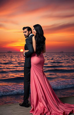 A stunning scene depicting a mafia man standing on the seaside, holding his elegant princess from behind