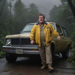 Elevate the tension by illustrating an agitated Dennis Nedry, stepping out of his crashed vehicle. His yellow jacket stands out against the stormy night, his expression filled with frustration in the rain-drenched jungle of Isla Nublar.