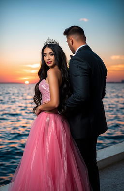 A dramatic scene set against a beautiful sea backdrop, featuring a mafia man in a tailored black suit, holding his princess gently from behind