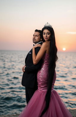 A dramatic scene set against a beautiful sea backdrop, featuring a mafia man in a tailored black suit, holding his princess gently from behind