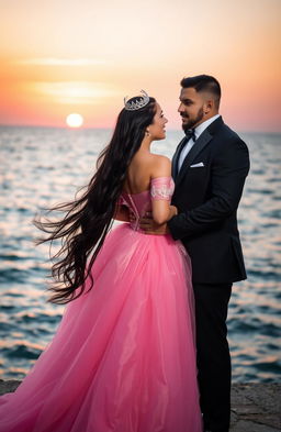 A dramatic scene set against a beautiful sea backdrop, featuring a mafia man in a tailored black suit, holding his princess gently from behind