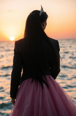 A dramatic scene set against a beautiful sea backdrop, featuring a mafia man in a tailored black suit, holding his princess gently from behind