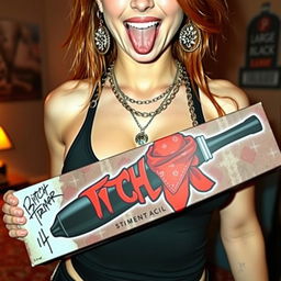 A close-up shot of a sexy female redhead, showcasing her torso in a tank top adorned with punk chains